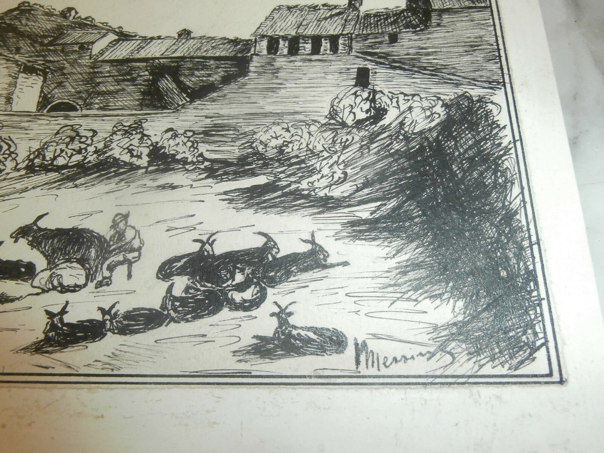 Disegno a china firmato Messina 21,4x14,6 cm Scena di campagna