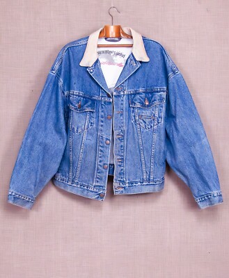 VTG Sz L/XL Levi's Leather Collar Denim Trucker Jean Jacket