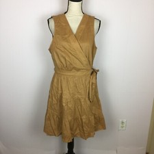 Nine West Wrap A-Line Dress Size L Womans Tan Brown Sleeveless Tie Waist Ruffle