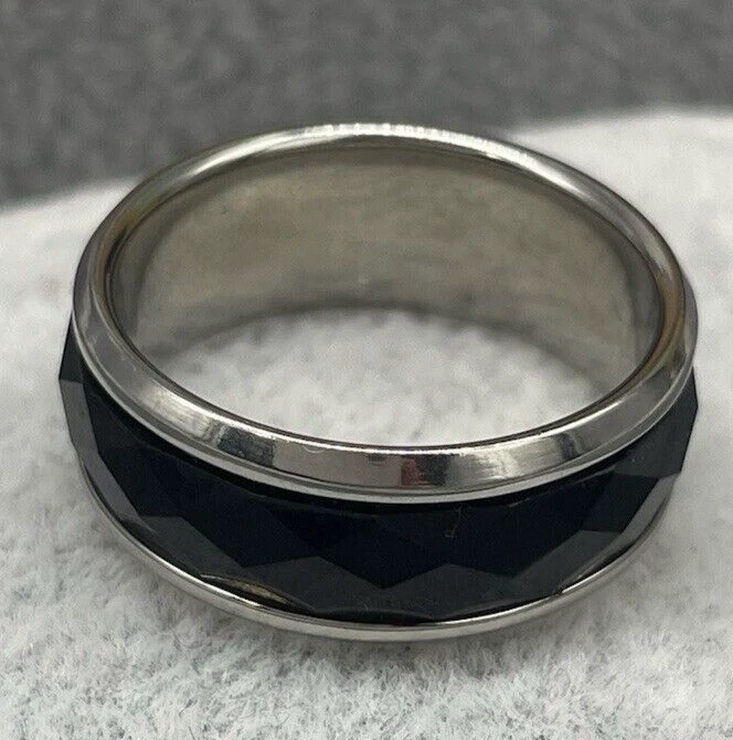 ANELLO FASCETTA COLOR ARGENTO NERO ACCIAIO INOSSIDABILE E CERAMICA DA UOMO DONNA - Immagine 4 di 4