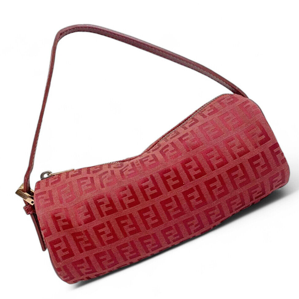 FENDI FF Zucchino Mini Barrel Bag Handbag Pouch Pochette Red FENDI FF Zucchino Mini Barrel Bag Handbag Pouch Pochette Red