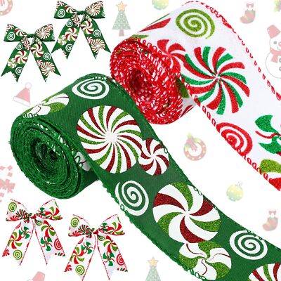 2 Rolls 2.5 Inch x 20 Yards Christmas Glitter Ribbon Red Green Candy