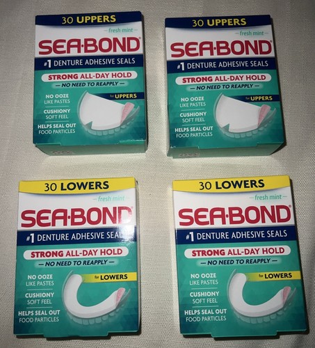 Denture Adhesive 4. Boxes!! (2 Boxes Uppers 2 Boxes Lowers) 30 Per Box.