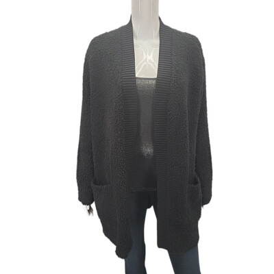 Barefoot Dreams CozyChic Ribbed Knit Trim Open Front Cardigan X-Large Size Black