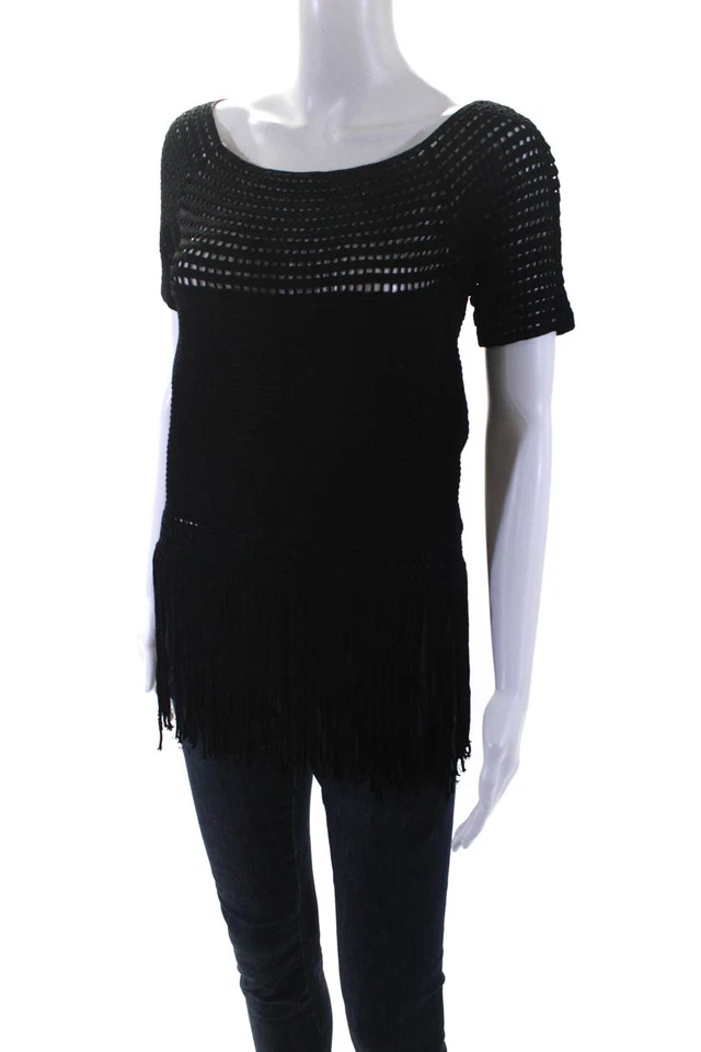 Blusa Top Yoana Baraschi Mujer Negra Tejido Abierto Borde Flecos Manga Corta Talla XS Foto 2 de 4