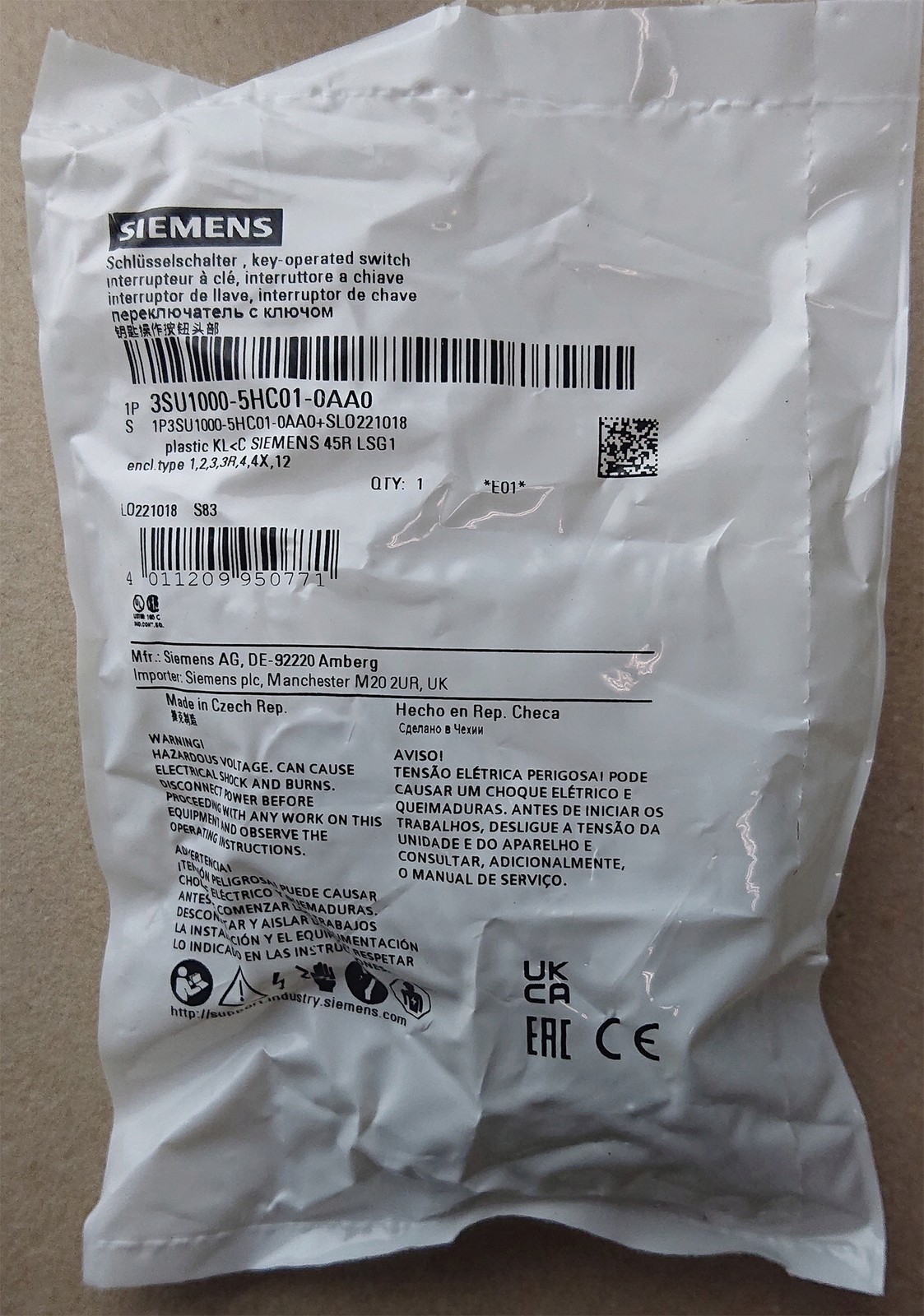 Siemens 3SU1000-5HC01-0AA0 Key Switch 1x45° 22mm