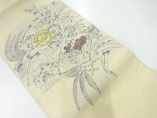 7087087: JAPANESE KIMONO / ANTIQUE FUKURO OBI / SILK / HAND WOVEN TSUMUGI / KIKU