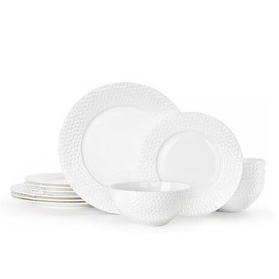 Bone China Dinnerware Set, 12-Piece White Porcelain Tableware for 4, Hammered...