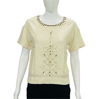 Isabel Marant Etoile Blouse Tunique Brodée Perles S Beige Soie Coton Lin - Photo 1/4