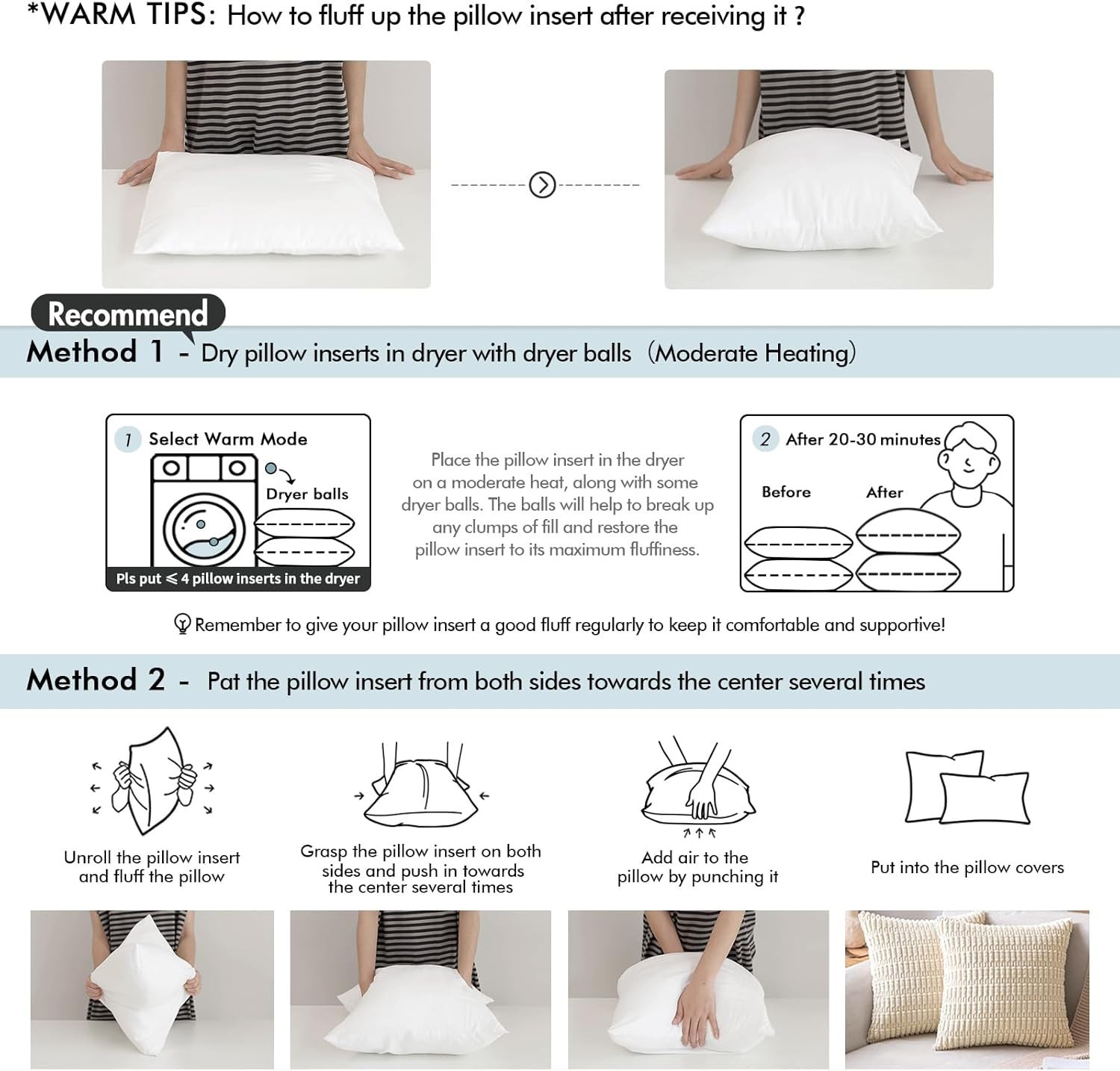 20x20 White Feather Throw Pillow Inserts, Pack of 4