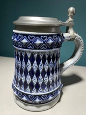 Vintage Corzelius Diamond Blue Ceramic Stein With Potsch 94% Pewter Lid Germany