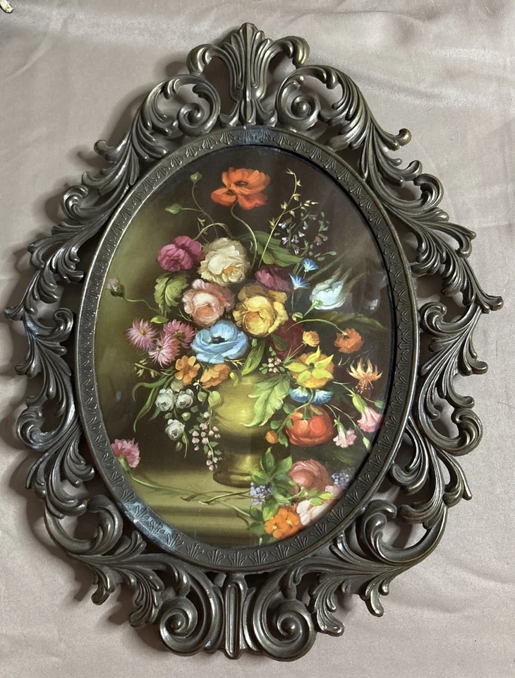 "2 marcos de fotos de latón ovalados ornamentados de vidrio burbuja vintage impresión floral Italia 13""" Foto 2 de 4