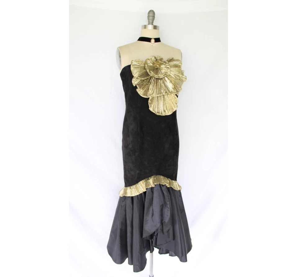 Vestido reloj de arena vintage años 80 disco gamuza cuero dorado cojo sirena sin tirantes Foto 3 de 4