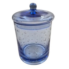 Vintage Lidded Blue Glass Canister with Controlled Bubbles 6" Tall Beautiful