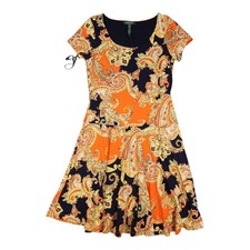 Ralph Lauren Dress womens MEDIUM orange Paisley short sleeve A-Line Size M