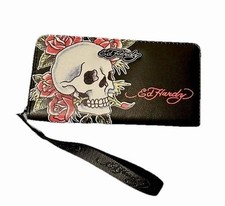 Ed Hardy Rose Skull  Ed Hardy Logo Print Wallet ID Card Clutch W / Key Ring