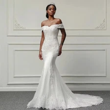 Boat Neck Mermaid Wedding Dress Lace Appliqués Hand Beading Off Shoulder Bridal