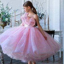 Ball Gown Flower Dress Customized Sparkling One Shoulder Ruffles Sequin Tulle