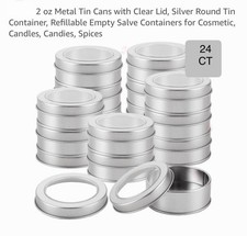 24 Pcs 2 oz Metal Tin Cans with Clear Lid, Silver Round Tin Containers