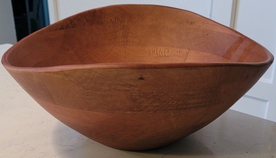 Wooden Bowl Waved Rim Banded Display MCM  Farmhouse Rustic Cottage Core VTG