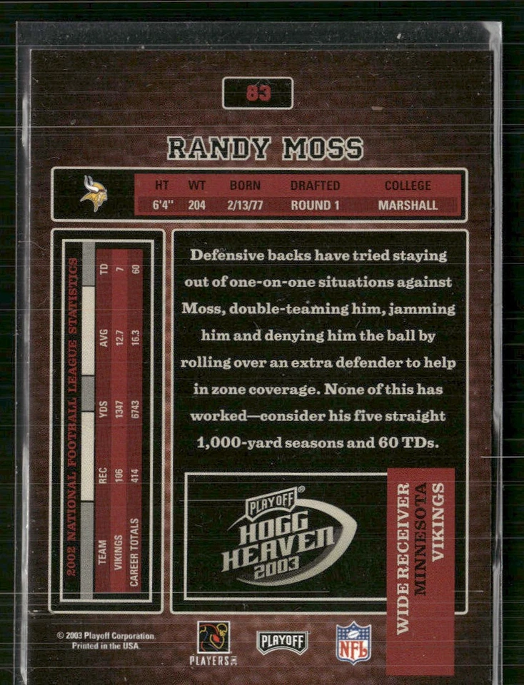2003 Playoff Hogg Heaven #83 Randy Moss - Image 2 of 2