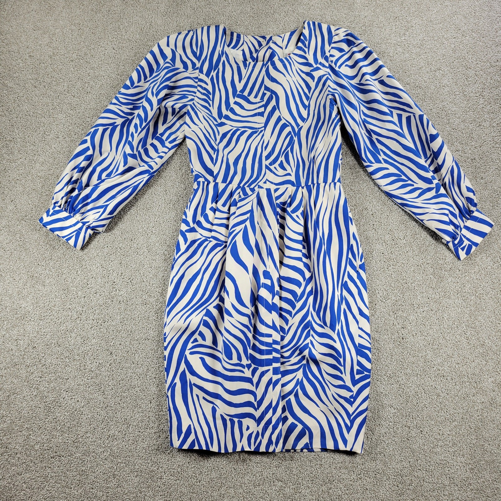 Abito tubino Saint Laurent vintage anni 80 38 blu bianco stampa zebrata manica a sbuffo matita