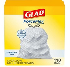 Glad ForceFlex Tall Kitchen Drawstring Trash Bags, 13 Gal, Fragrance Free, 110Ct