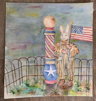 Anthropomorphic Patriotic Flag Rabbit Bunny Barber Watercolor Sketch Signed