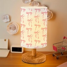 Pink Bow USB Nightstand Lamp: Cozy Bedside, Wood Base  Fabric Shade for Kids