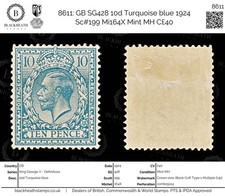 8611: GB SG428 10d Turquoise blue 1924 Sc#199 Mi164X Mint MH C£40