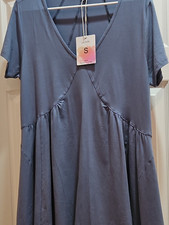 Fashion Blue Short Sleeve Knit A-Line Dress V-Neck Pullover Size S