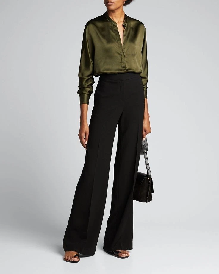 Vince Band Collar Silk Blouse Size XS NEW Olive Green Long Sleeve - Image 3 of 4