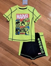 NWT Marvel Avengers Hulk, Thor, Capt America Tee  Short Set, Neon 4T, 5T 