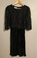 VTG Neiman Marcus Womens Dress 8 Petite Black Floral Lace Satin Goth Victorian