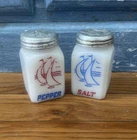 Vintage Nautical Salt Pepper Shakers White Milk Glass Sailboat McKee Tipp City