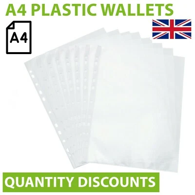 PLATINUMONLINE-UK 100 Punched Pockets A4 CLEAR PLASTIC Filing Wallets PROTECTIVE SLEEVES 11 HOLE
