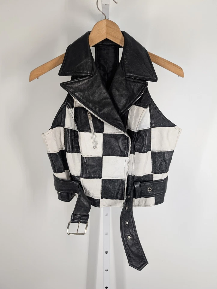 Chaleco de Motociclista Twins Leather Co Vintage Años 90 Rap Cuadros Retazos Cuero EE. UU. Foto 3 de 4