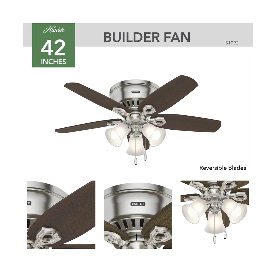 Hunter Fan Company, 51092, 42 inch Builder Brushed Nickel Low Profile Ceiling... - Image 2 of 4