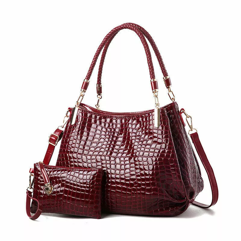 Ladies Large Burgundy/Wine Red 2 pcs crocodile pattern purse shoulderbag  handbag | eBay