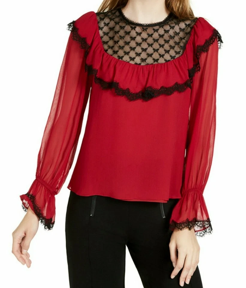 Blusa Camisa Nanette Lepore Para Mujer Roja con Volantes Encaje Top EE. UU. Mediana Nueva