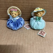 Used Cherished Teddies Spring Bonnet Figurine ONE TEAL ONE BLUE .