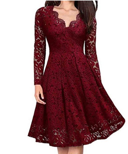 Womens Long Sleeves Party Ball Gown Floral Lace V Neck Slim Fit Christmas  Dress | eBay