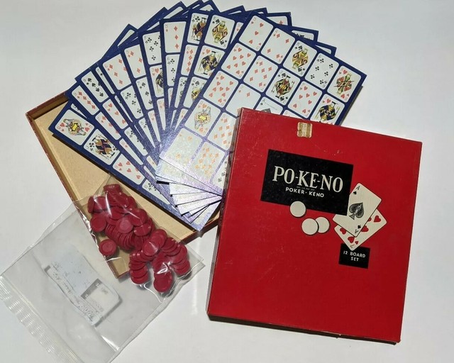 Vtg Pokeno Board Game Poker Keno Card 12 Boards and Chips Cincinnati