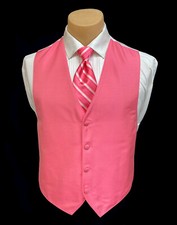 Men's Jean Yves Bright Pink Tuxedo Vest  Striped Tie Wedding Groom Prom Small S