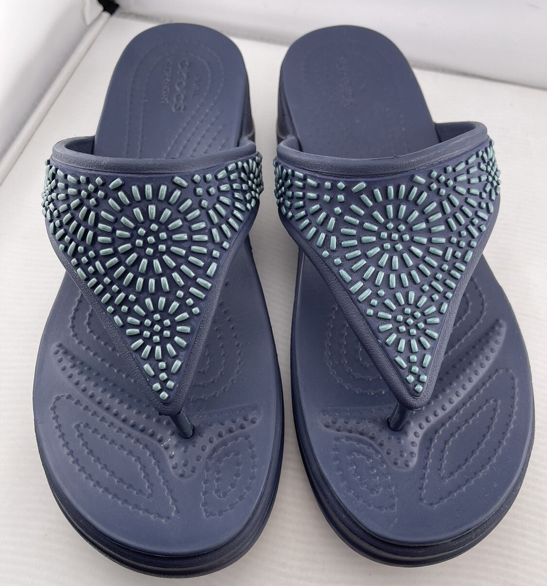 slowさん Crocs Women's Montery Diamante Slip On Wedge Sandals Blue Size 10