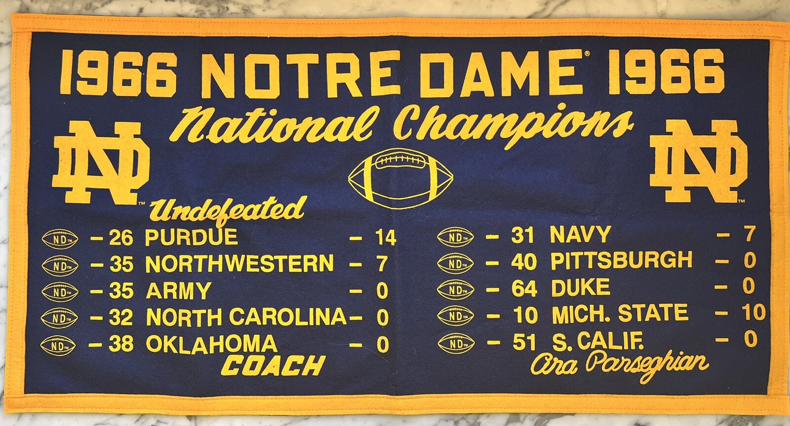 Notre Dame Fighting Irish 1966 NCAA Football Championship Banner
