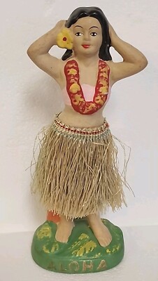 VTG  1940-1950s hula girl bobble dancer nodder Ceramic Hawaii ALOHA Grass Skirt 