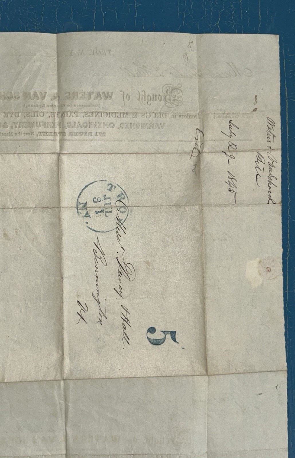 Pontil Ink Bottle Related Invoice E WATERS TROY NY 1840s Stampless Folded Letter