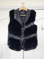 Ladies Gilet Vest Sz S Black Faux Fur Faux Leather Cropped Jacket Zip Detail