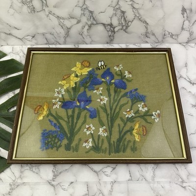 Vintage 70s Handmade Crewel Embroidered Framed Wall Art Iris Daffodil Floral Bee